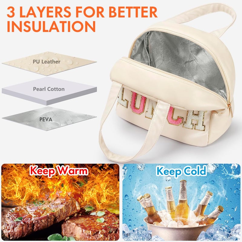 DIRGEE Lunch Bag for Women Insulated For Men PU leather Small Office Work lunch with Chenille Letters Leakproof Freezable Cooler Reusable Portable Box (White) - Image 4